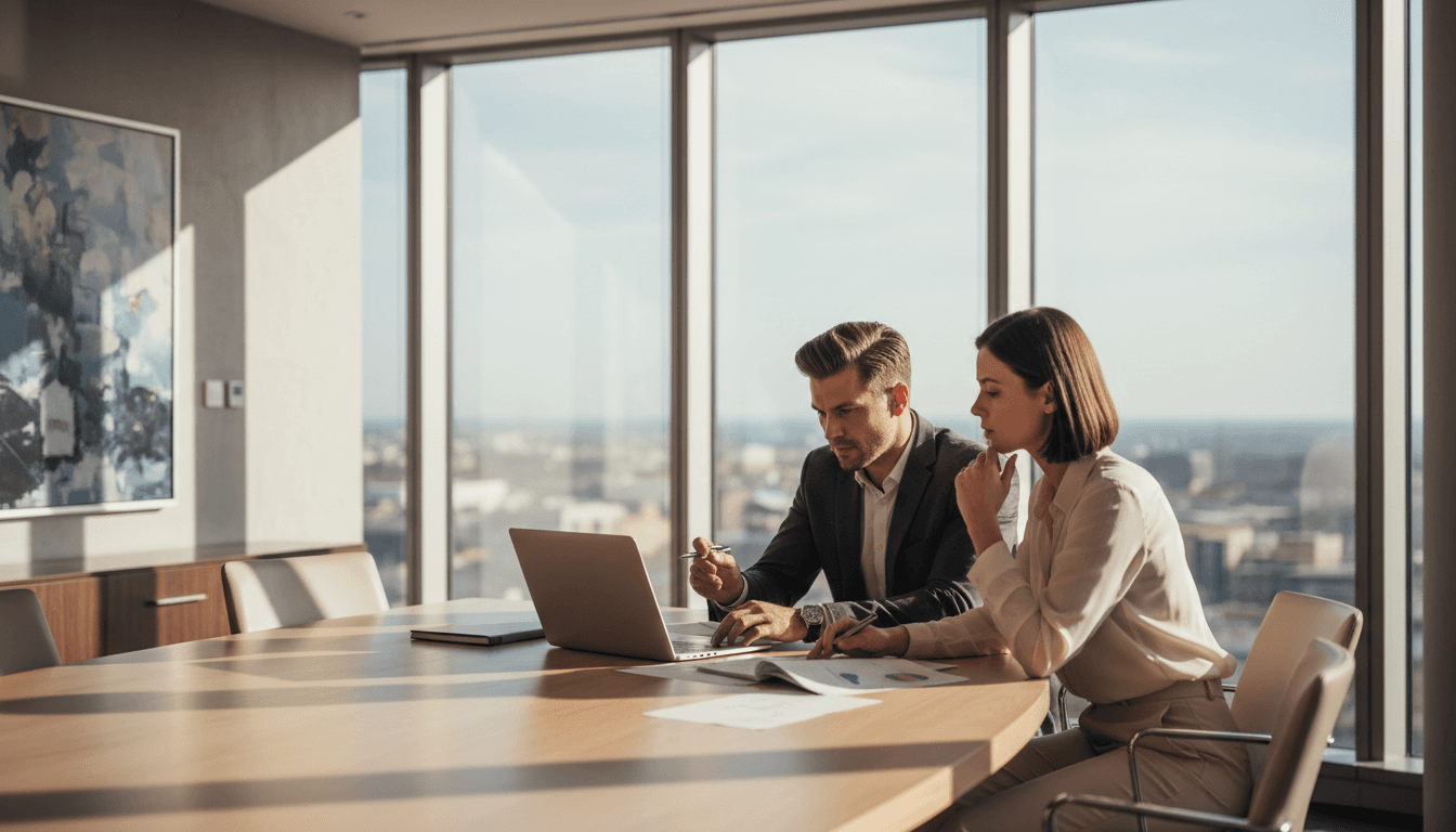 Two business professionals reviewing documents together in a modern conference room with natural light