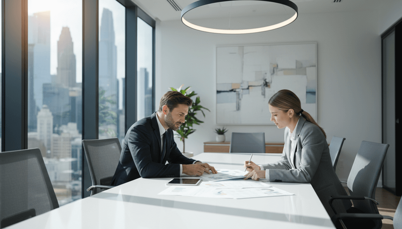 Two professionals meeting at a glass table with documents and laptops in a bright modern office