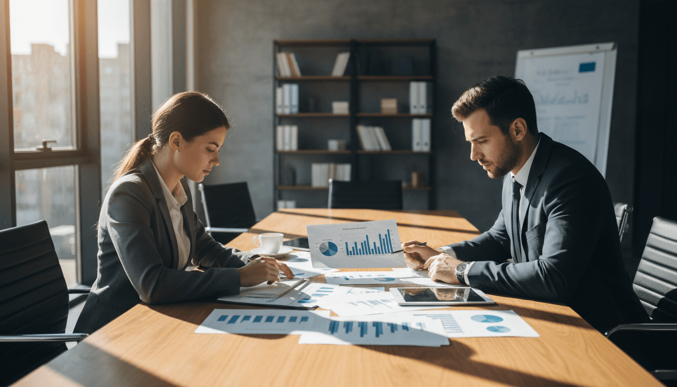 Business professionals reviewing acquisition documents at a conference table