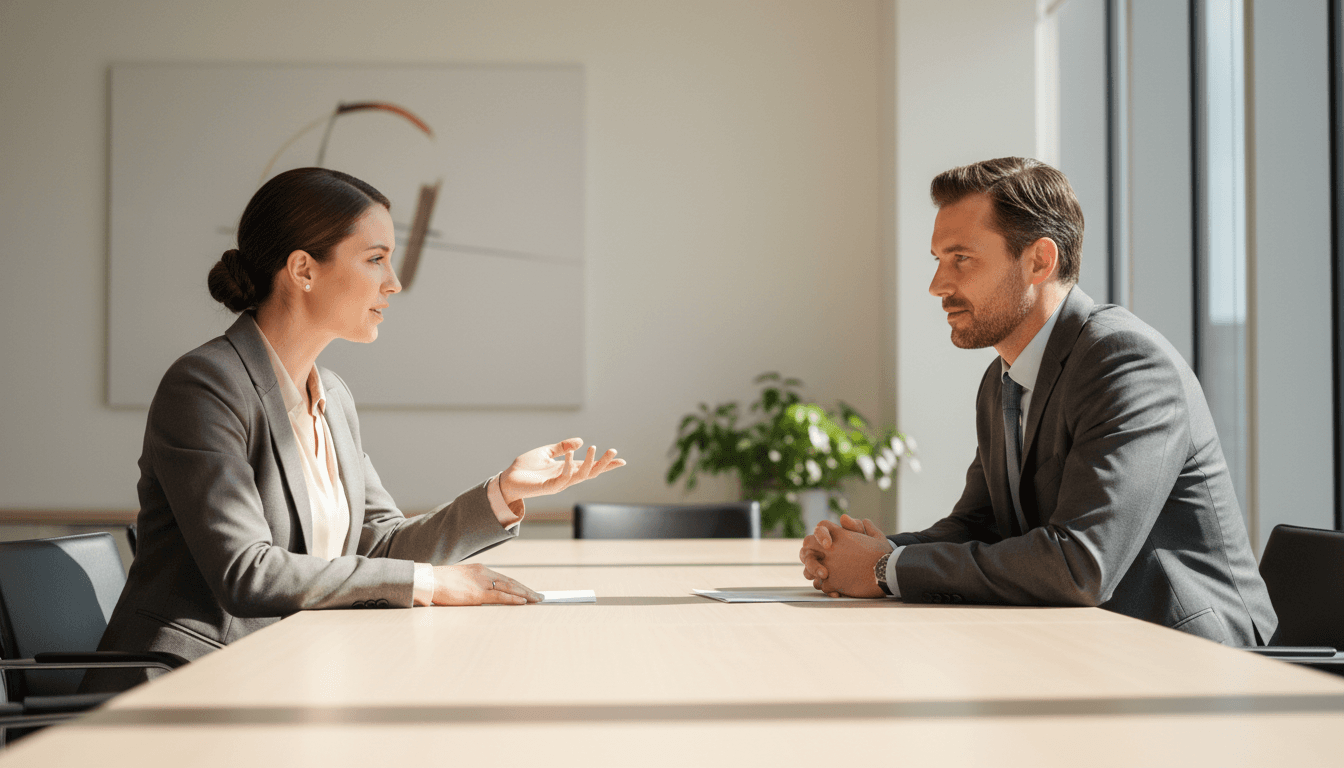 Two business professionals having a focused discussion in a modern office boardroom