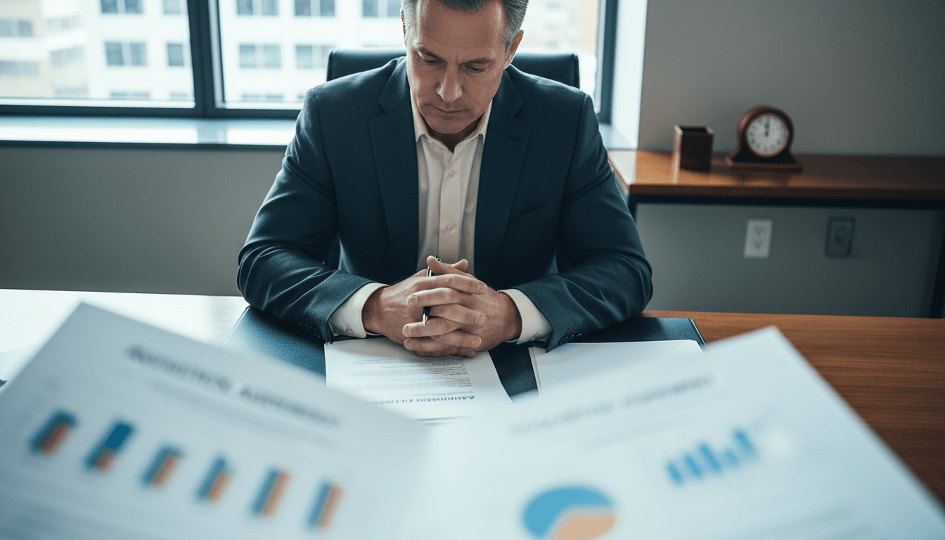 Business executive reviewing acquisition strategy documents