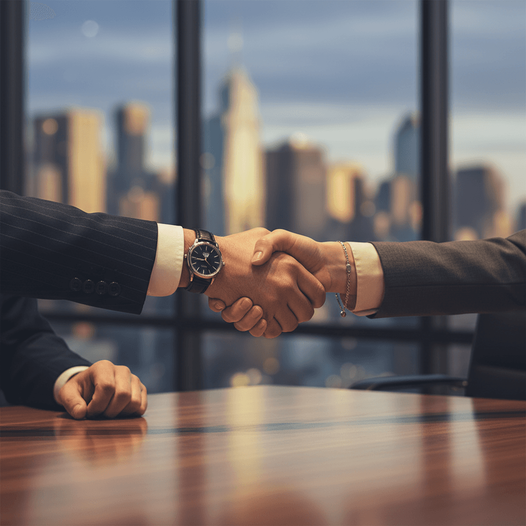 Two executives shaking hands across conference table with city skyline visible through office windows