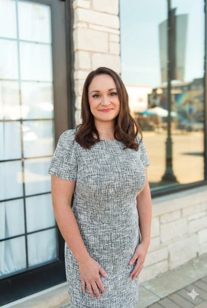 Professional woman in a textured grey dress smiling outdoors, building reflection behind.