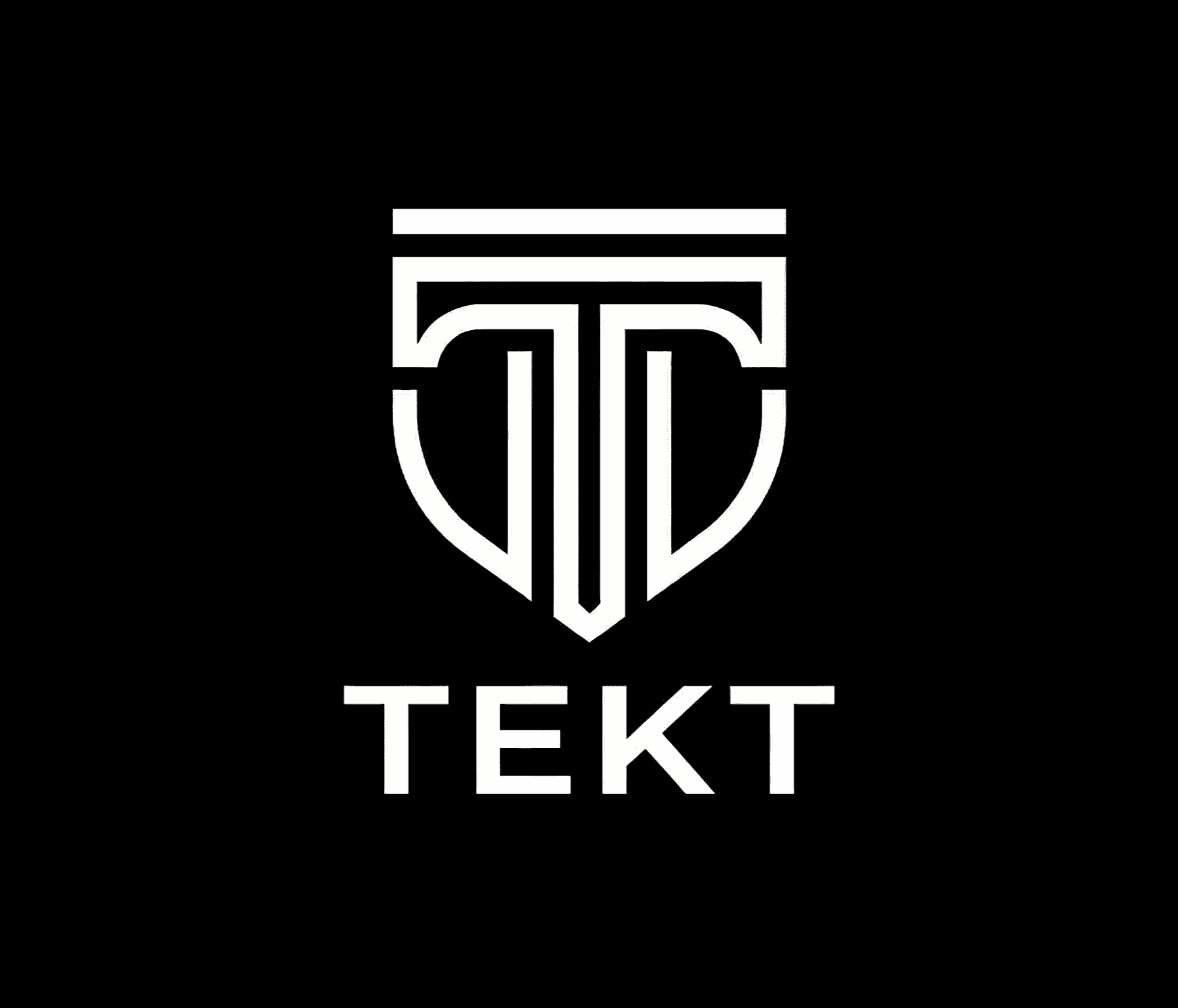 Black background with a white shield logo featuring a stylized 'T' and "TEKT".